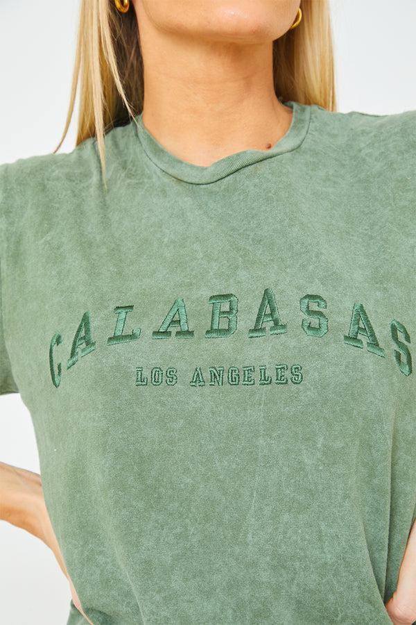 In The Style In The Style Calabasas' Acid Wash Slogan T-Shirt Khaki
