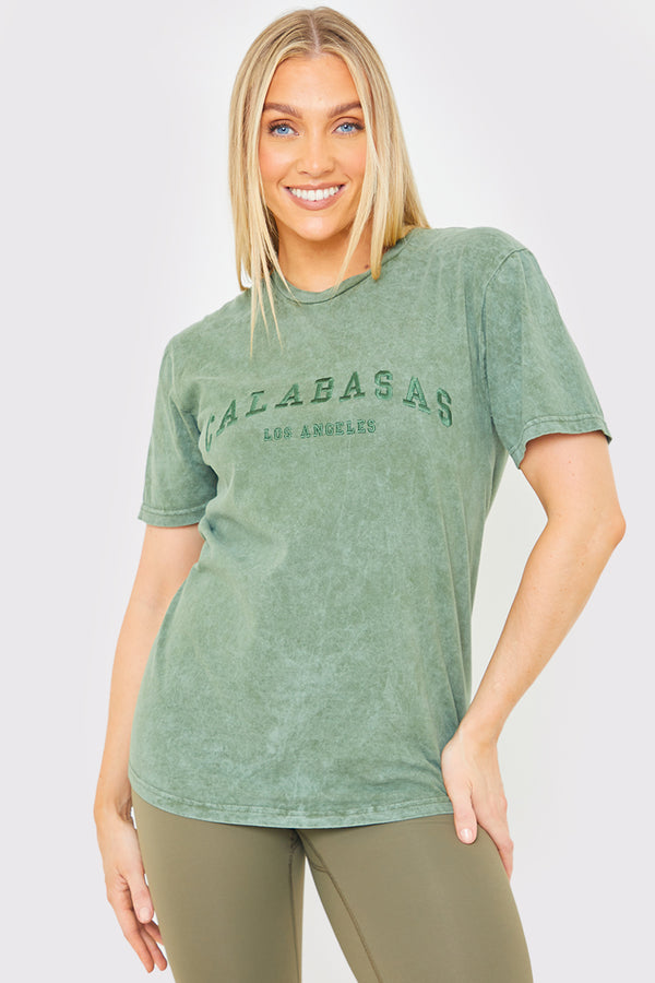 in the style In the Style Calabasas' Acid Wash Slogan T-Shirt Khaki