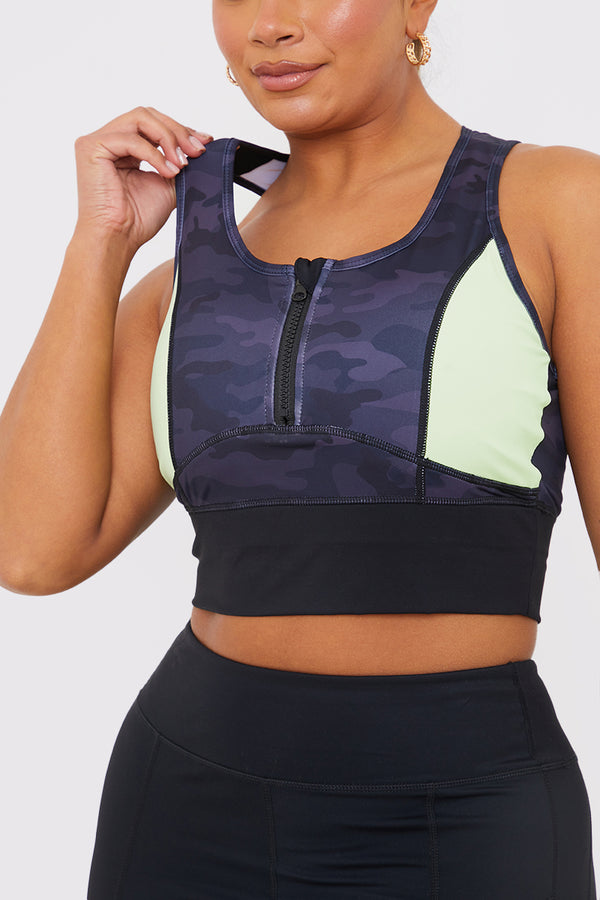 In The Style In The Style Camo Contrast Zip Crop Top Black