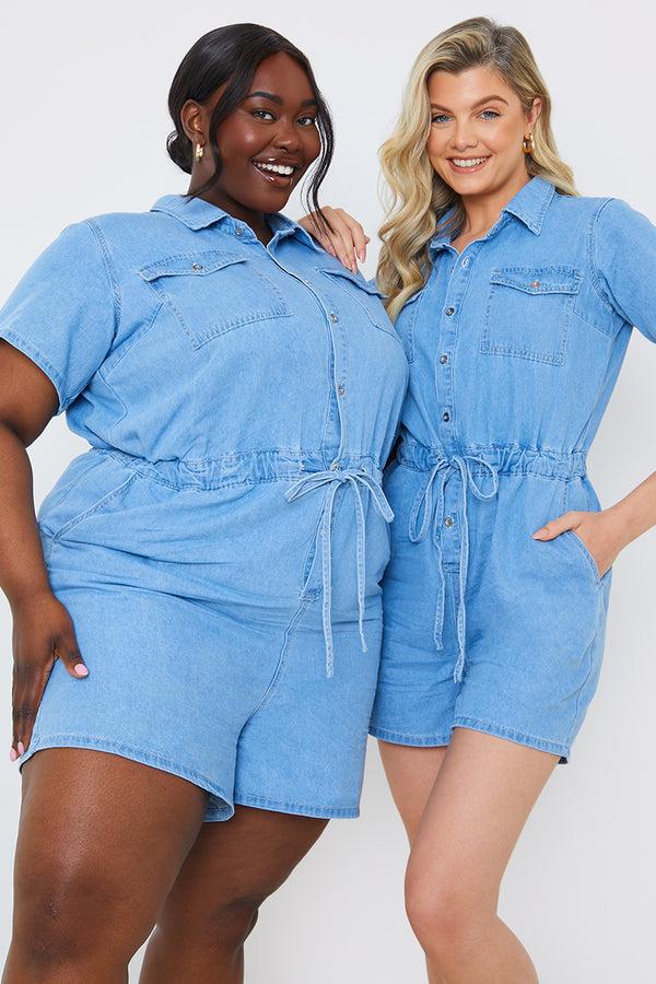 in the style In the Style Chambray Button Through Drawstring Playsuit Blue