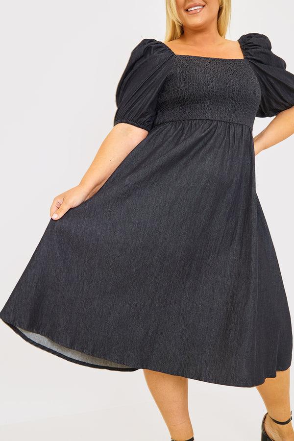 In The Style In The Style Chambray Shirred Balloon Sleeve Maxi Dress Black