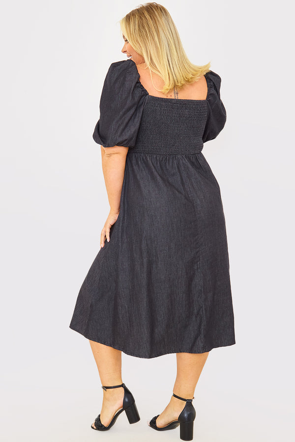 In The Style In The Style Chambray Shirred Balloon Sleeve Maxi Dress Black