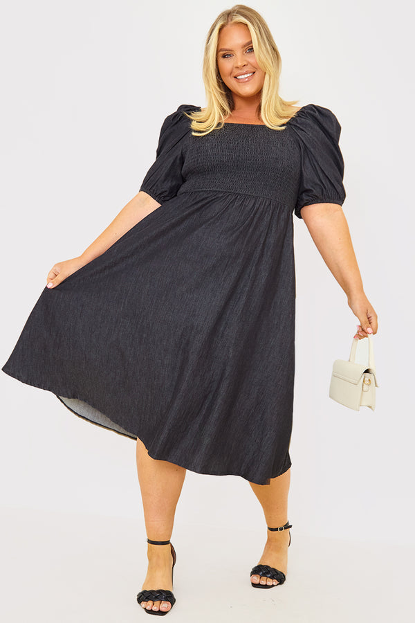 in the style In the Style Chambray Shirred Balloon Sleeve Maxi Dress Black