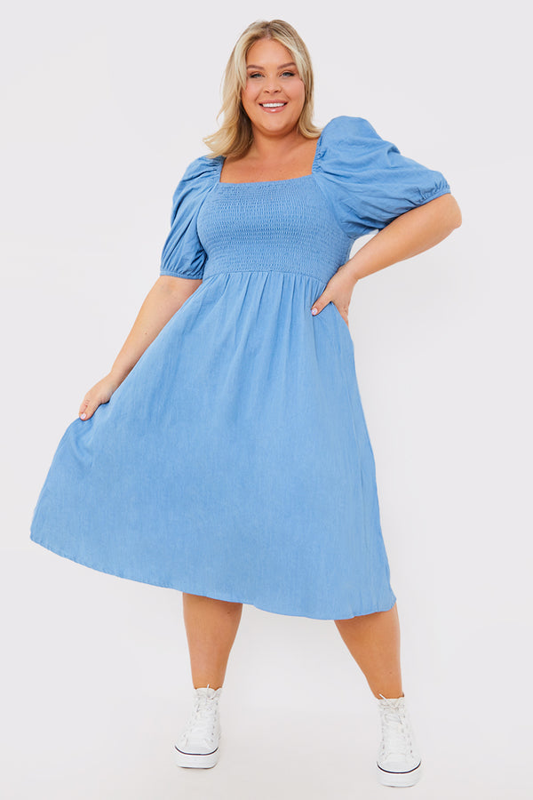 in the style In the Style Chambray Shirred Balloon Sleeve Midi Dress Blue