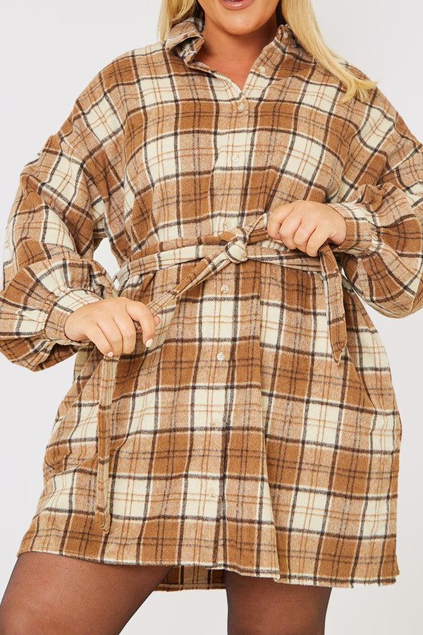 In The Style In The Style Check Belted Shirt Dress Camel