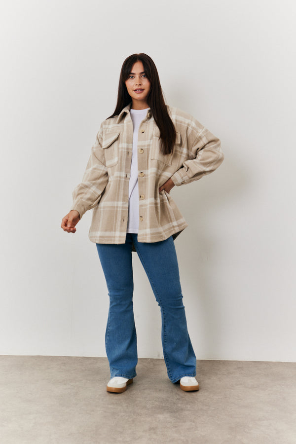 In The Style In The Style Check Button Through Shacket Cream