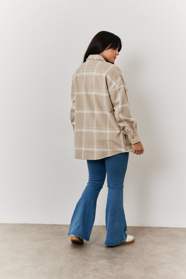 In The Style In The Style Check Button Through Shacket Cream