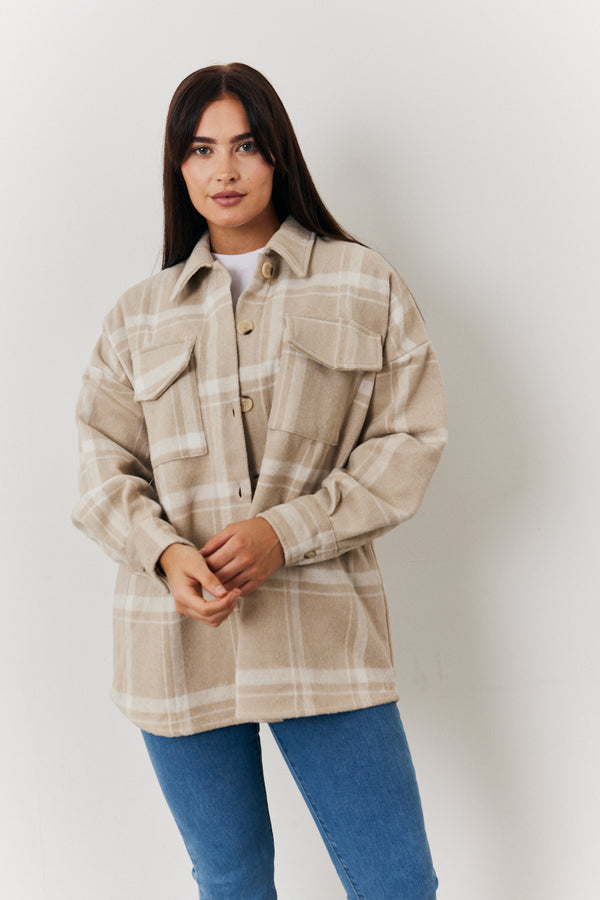 in the style In the Style Check Button Through Shacket Cream