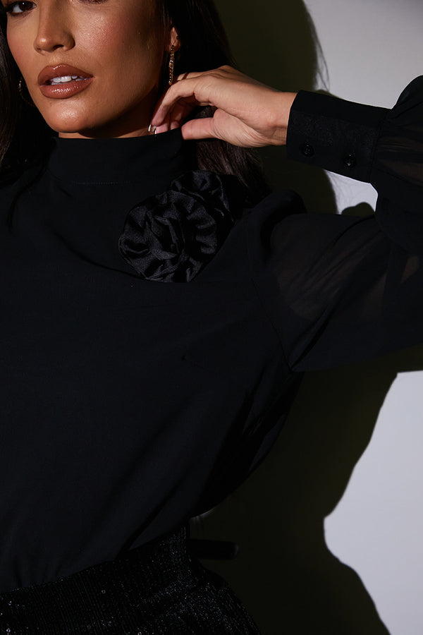 In The Style In The Style Chiffon Balloon Sleeve Detachable Corsage Blouse Black