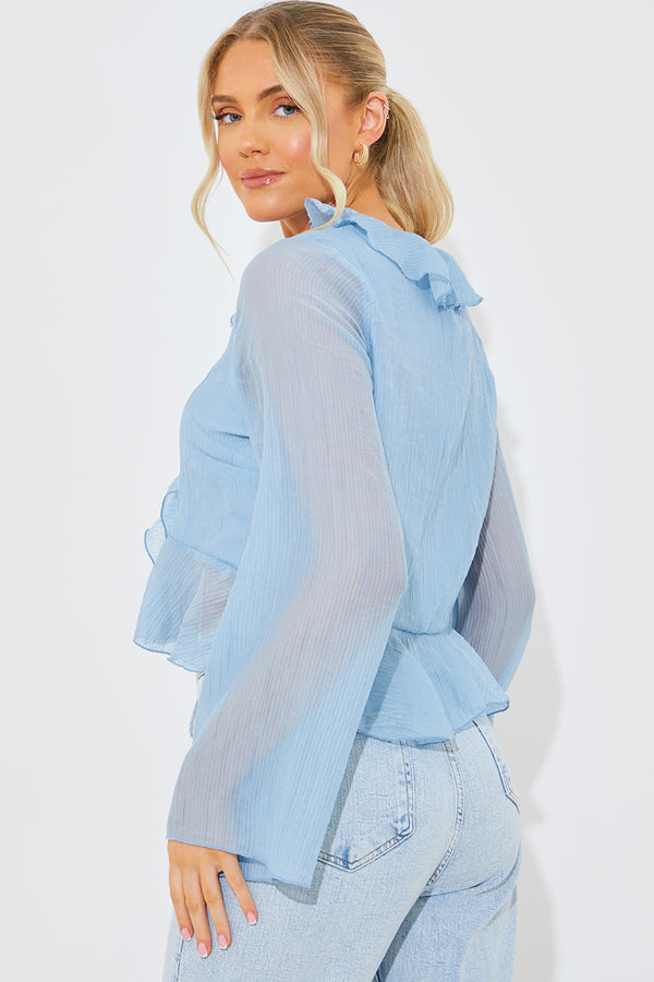 In The Style In The Style Chiffon Frill Blouse Blue
