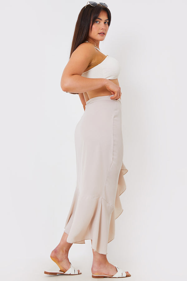 In The Style In The Style Chiffon Frill Detail Wrap Sarong Cream