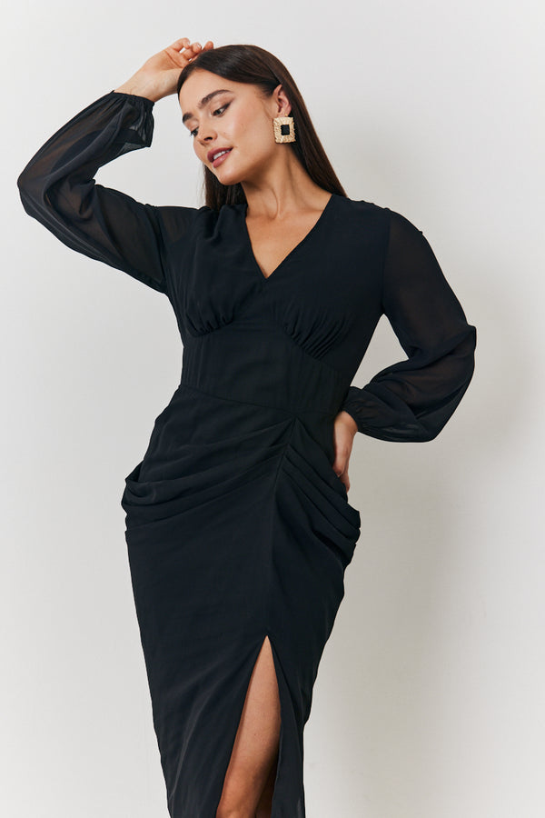 In The Style In The Style Chiffon Long Sleeve Slit Detail Midi Dress Black