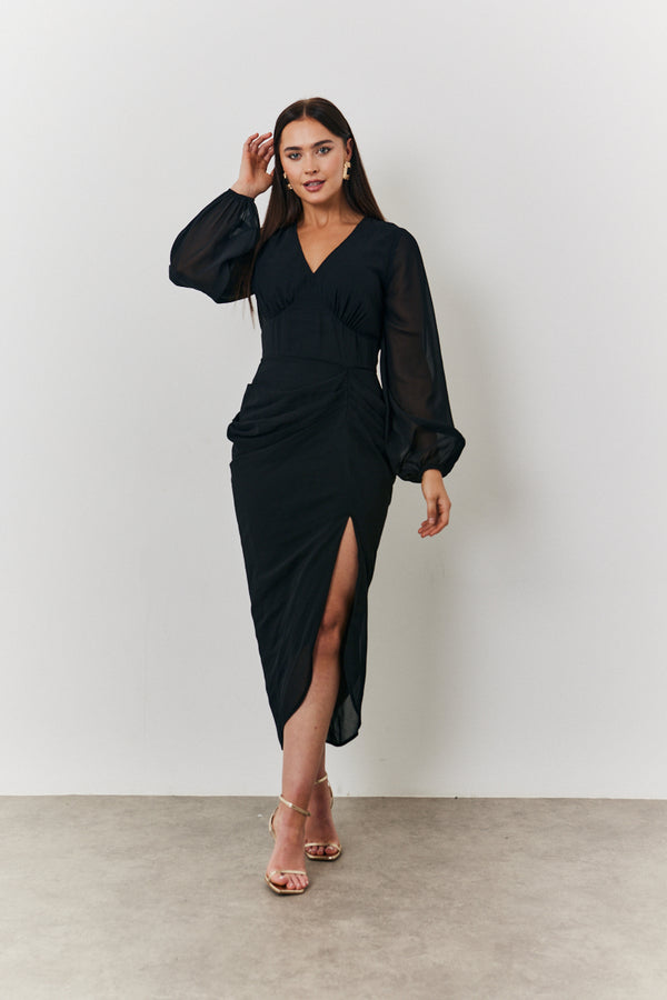 in the style In the Style Chiffon Long Sleeve Slit Detail Midi Dress Black