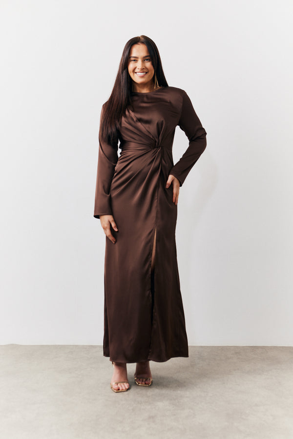 in the style In the Style Chocolate Satin Twist Detail Maxi Dress Chocolate