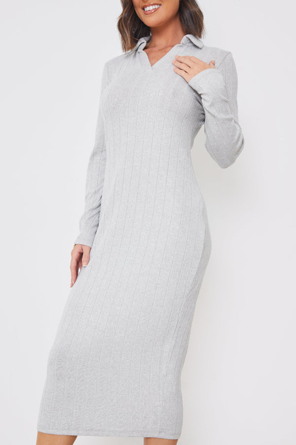 In The Style In The Style Collared Brushed Rib Midi Dress Grey