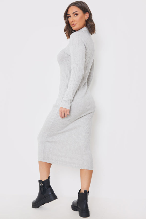 In The Style In The Style Collared Brushed Rib Midi Dress Grey
