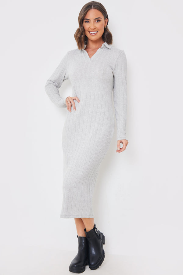 in the style In the Style Collared Brushed Rib Midi Dress Grey