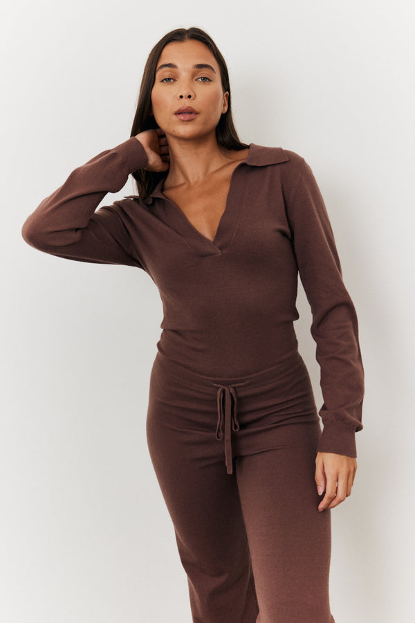 In The Style In The Style Collared Knit Jumpsuit Chocolate