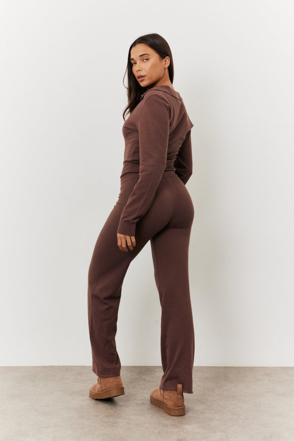 In The Style In The Style Collared Knit Jumpsuit Chocolate