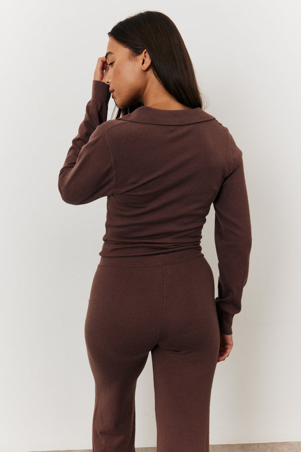 In The Style In The Style Collared Knit Jumpsuit Chocolate
