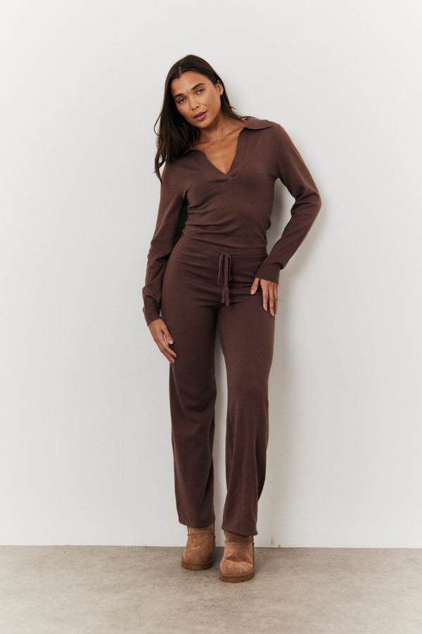 in the style In the Style Collared Knit Jumpsuit Chocolate