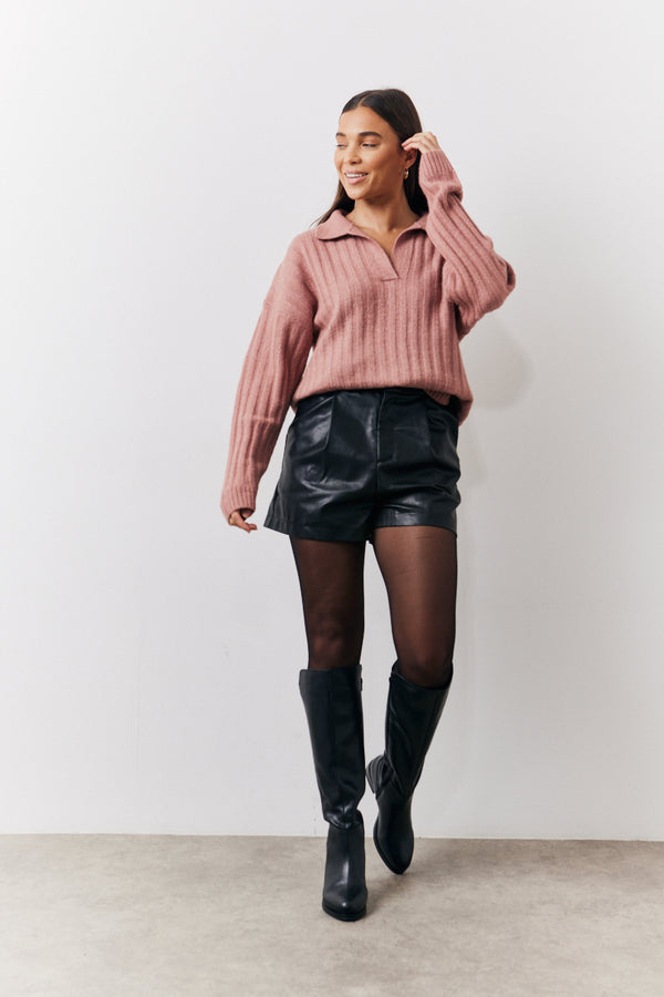 In The Style In The Style Collared Rib Knit Top Dusty Pink