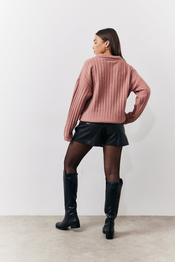 In The Style In The Style Collared Rib Knit Top Dusty Pink