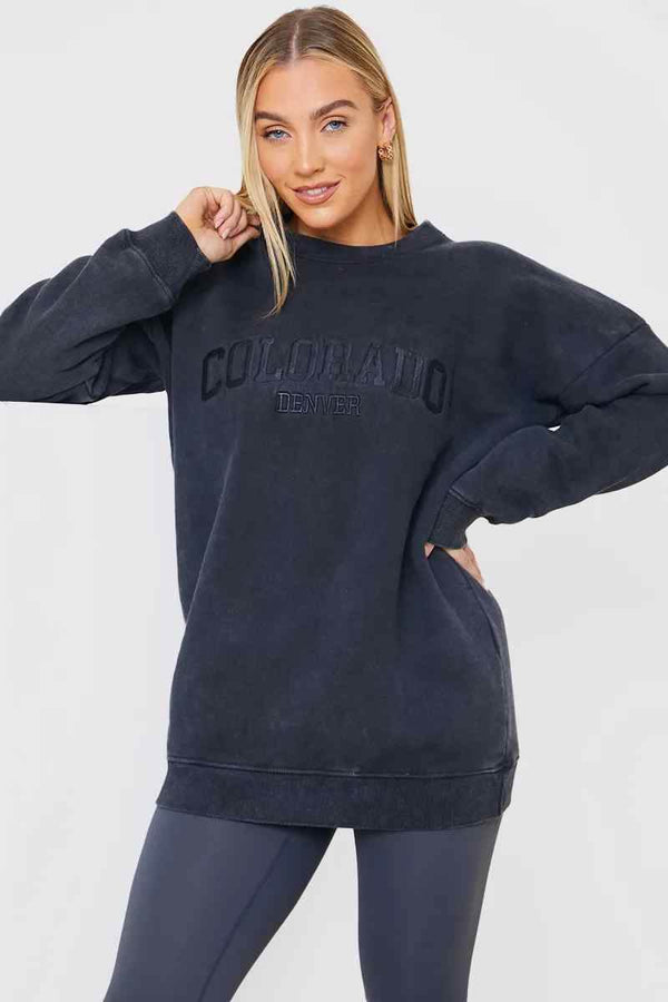 In The Style In The Style 'Colorado' Acid Wash Slogan Sweater Charcoal