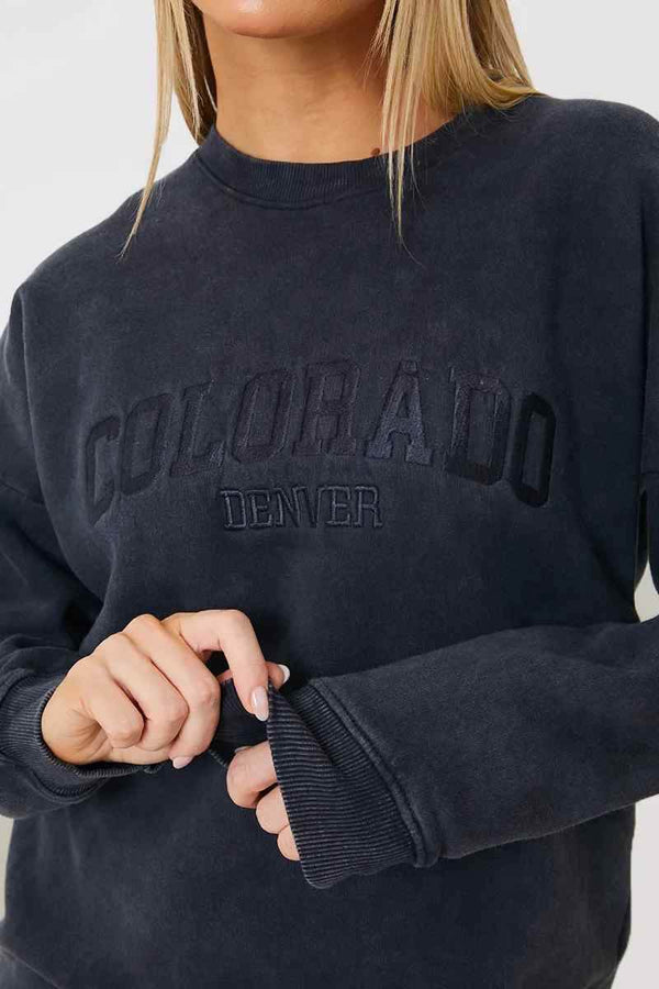 in the style In the Style 'Colorado' Acid Wash Slogan Sweater Charcoal