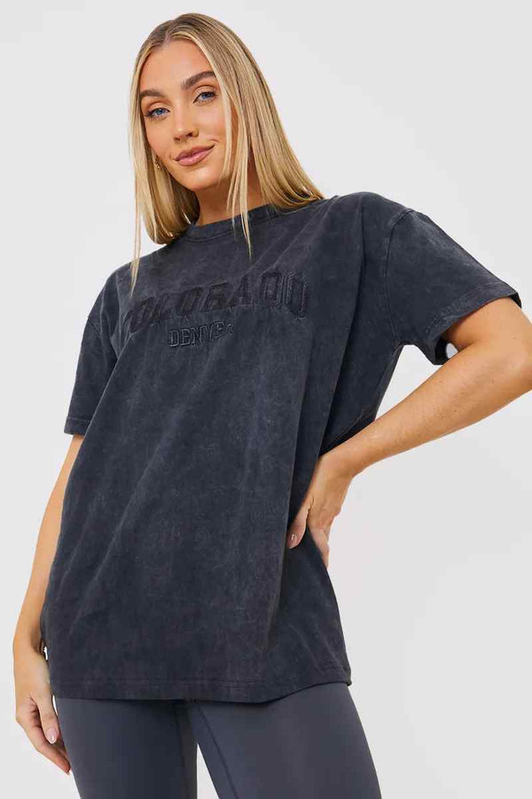 In The Style In The Style Colorado' Acid Wash Slogan T-Shirt Charcoal