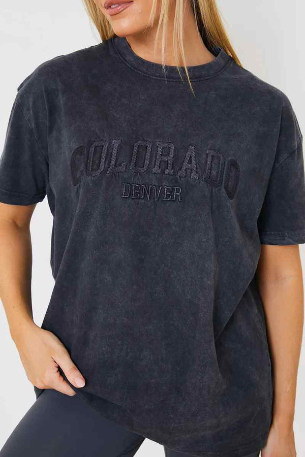 In The Style In The Style Colorado' Acid Wash Slogan T-Shirt Charcoal