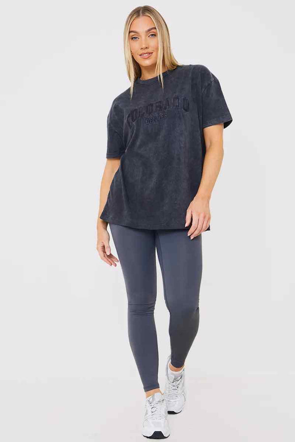 in the style In the Style Colorado' Acid Wash Slogan T-Shirt Charcoal