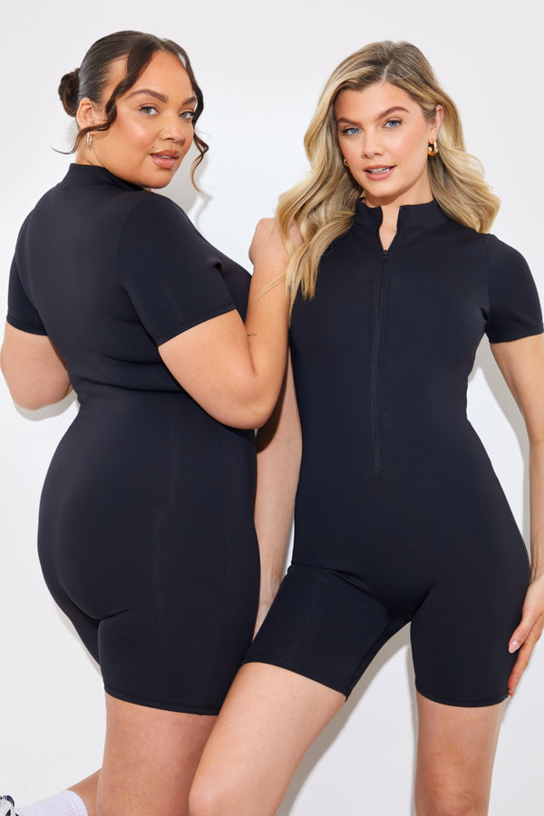 In The Style In The Style Contour Built-In Bra Short Sleeve Short Leg Half Zip Unitard Black
