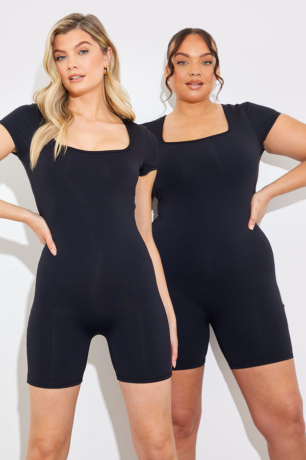 In The Style In The Style Contour Built-In Bra Short Sleeve Short Leg Square Neck Unitard Black