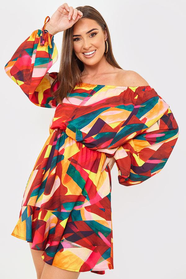 In The Style In The Style Contrast Bardot Frill Hem Skater Dress Multi