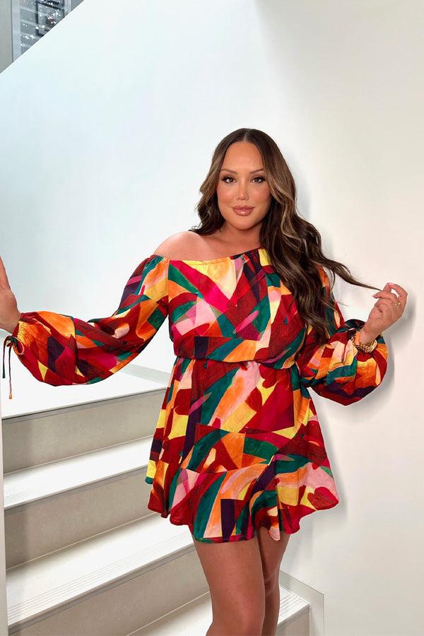 in the style In the Style Contrast Bardot Frill Hem Skater Dress Multi