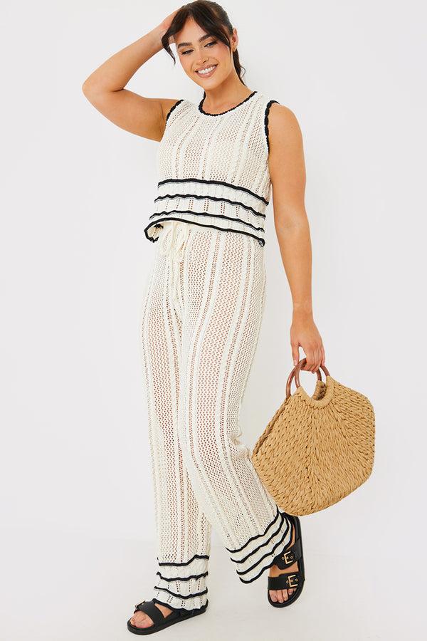 In The Style In The Style Contrast Binding Crochet Co-ord Top Cream