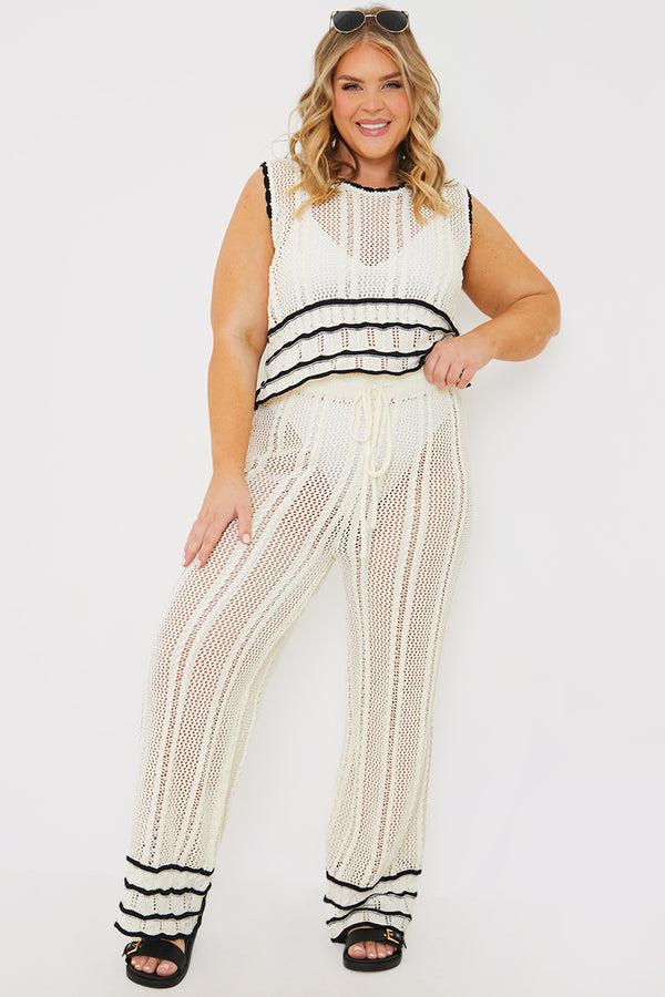 In The Style In The Style Contrast Binding Crochet Co-Ord Trouser Cream