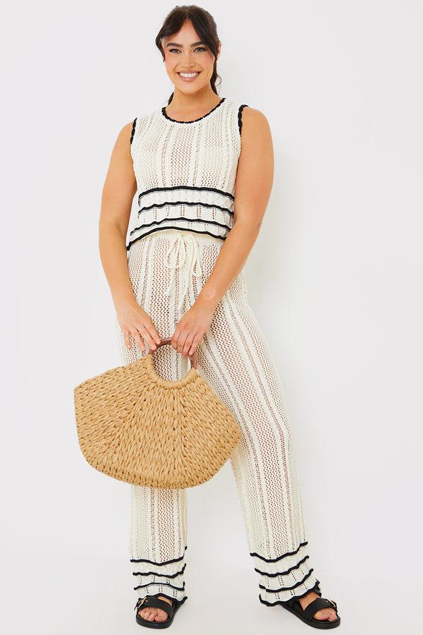in the style In the Style Contrast Binding Crochet Co-Ord Trouser Cream