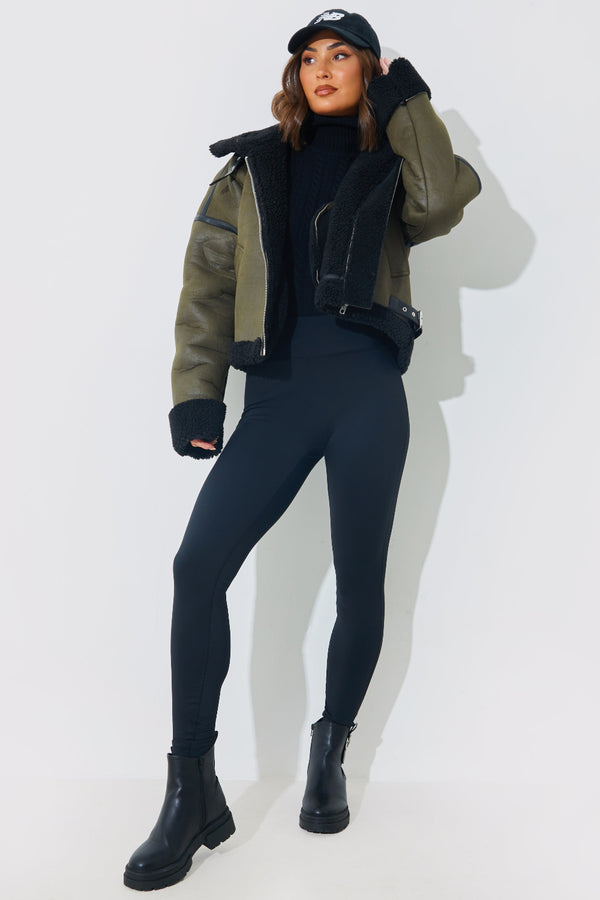 In The Style In The Style Contrast Borg Aviator Jacket Khaki