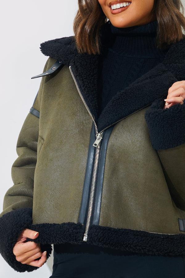 In The Style In The Style Contrast Borg Aviator Jacket Khaki