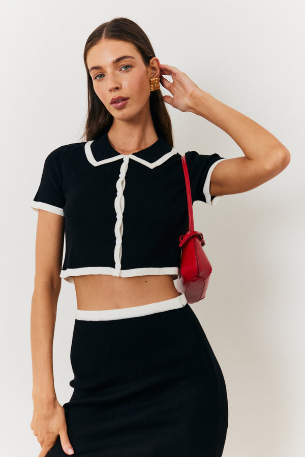 in the style In The Style Contrast Piping Knit Co Ord Crop Top Black