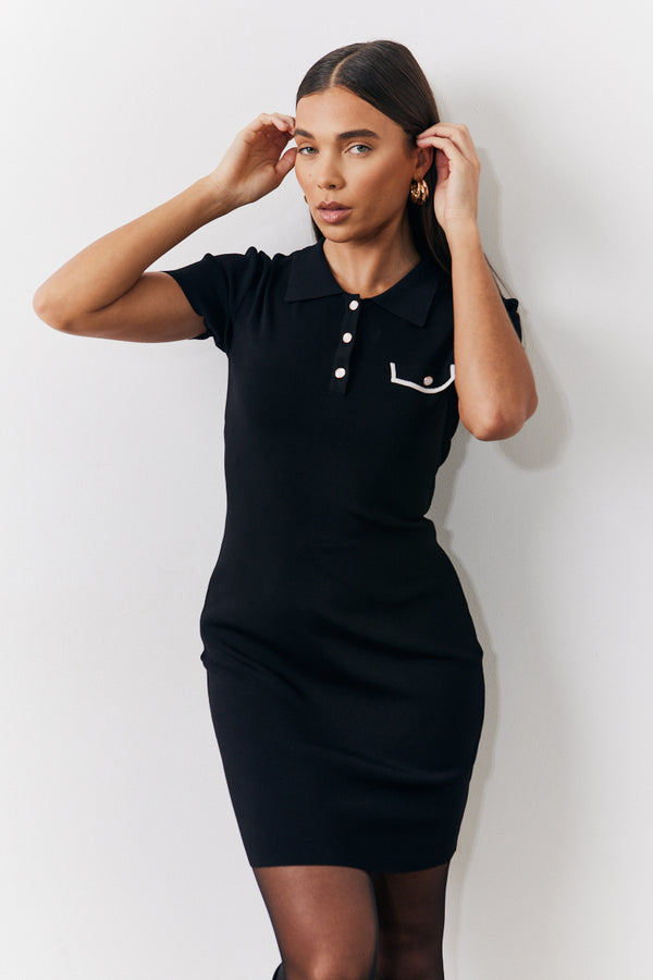 in the style In The Style Contrast Piping Pocket Detail Mini Knit Dress Black