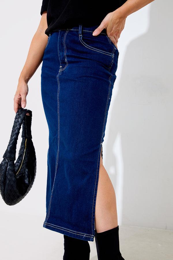 In The Style In The Style Contrast Stitch Denim Midi Skirt Blue