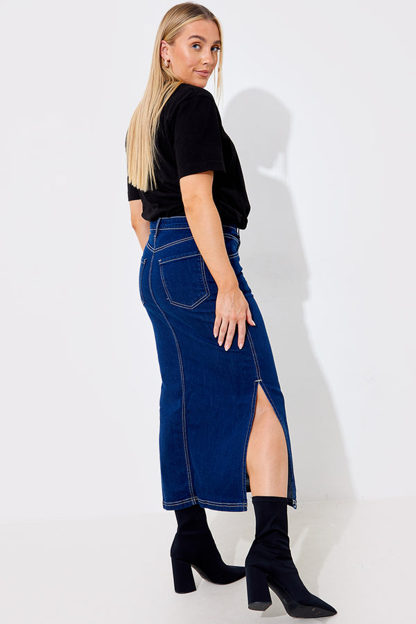 In The Style In The Style Contrast Stitch Denim Midi Skirt Blue