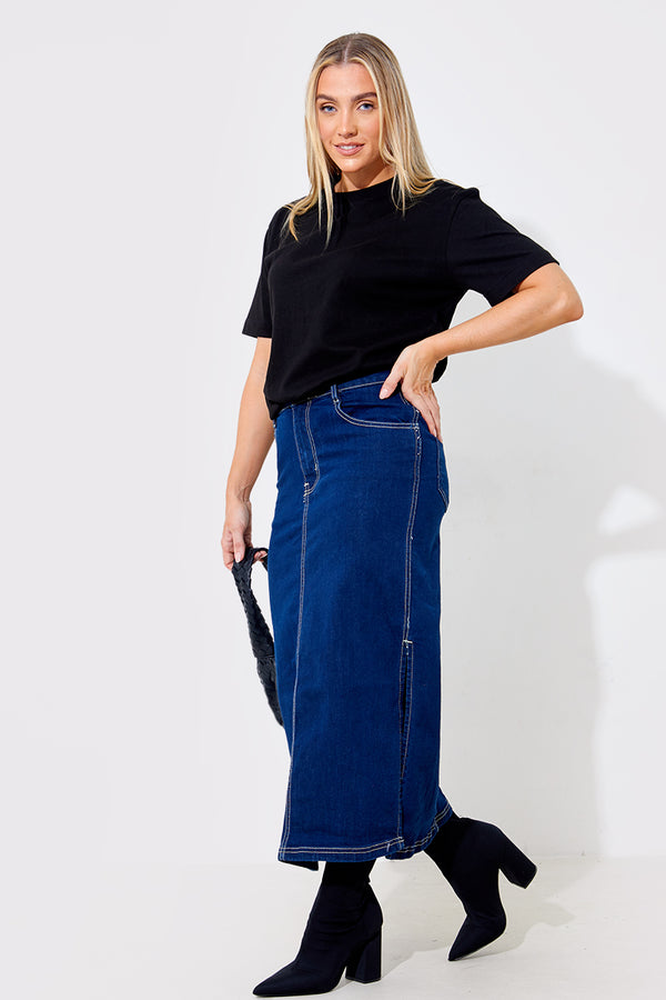 in the style In The Style Contrast Stitch Denim Midi Skirt Blue