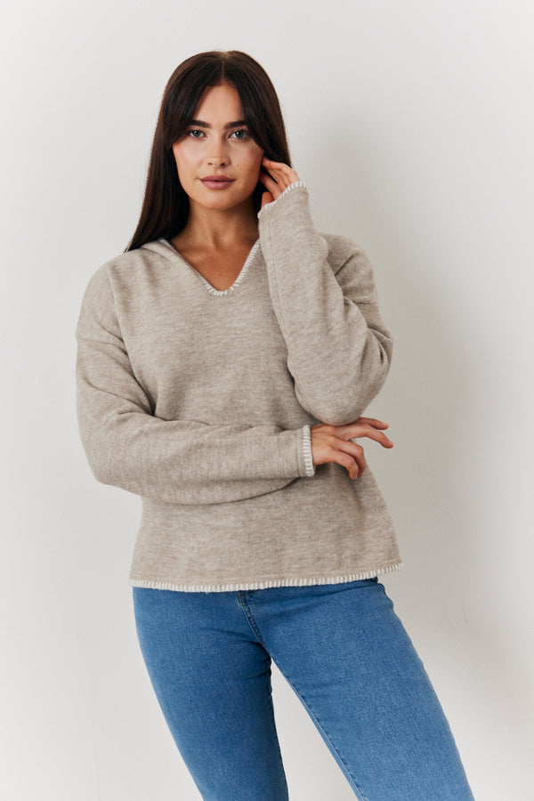 in the style In the Style Contrast Stitch Knit Hoodie Oatmeal