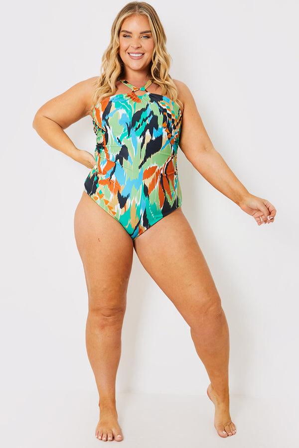 In The Style In The Style Control Abstract Print Ring Detail Halter Swimsuit Multi