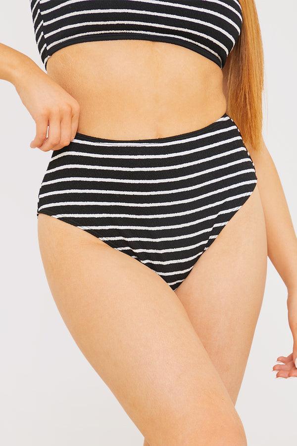 In The Style In The Style Control Crinkle Stripe High Waisted Bikini Bottom Black