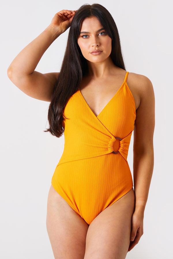 in the style In the Style Control Crinkle Wrap Front O Ring Swimsuit Orange